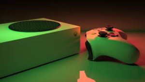 Xbox Series S console and wireless controller lit in green and red